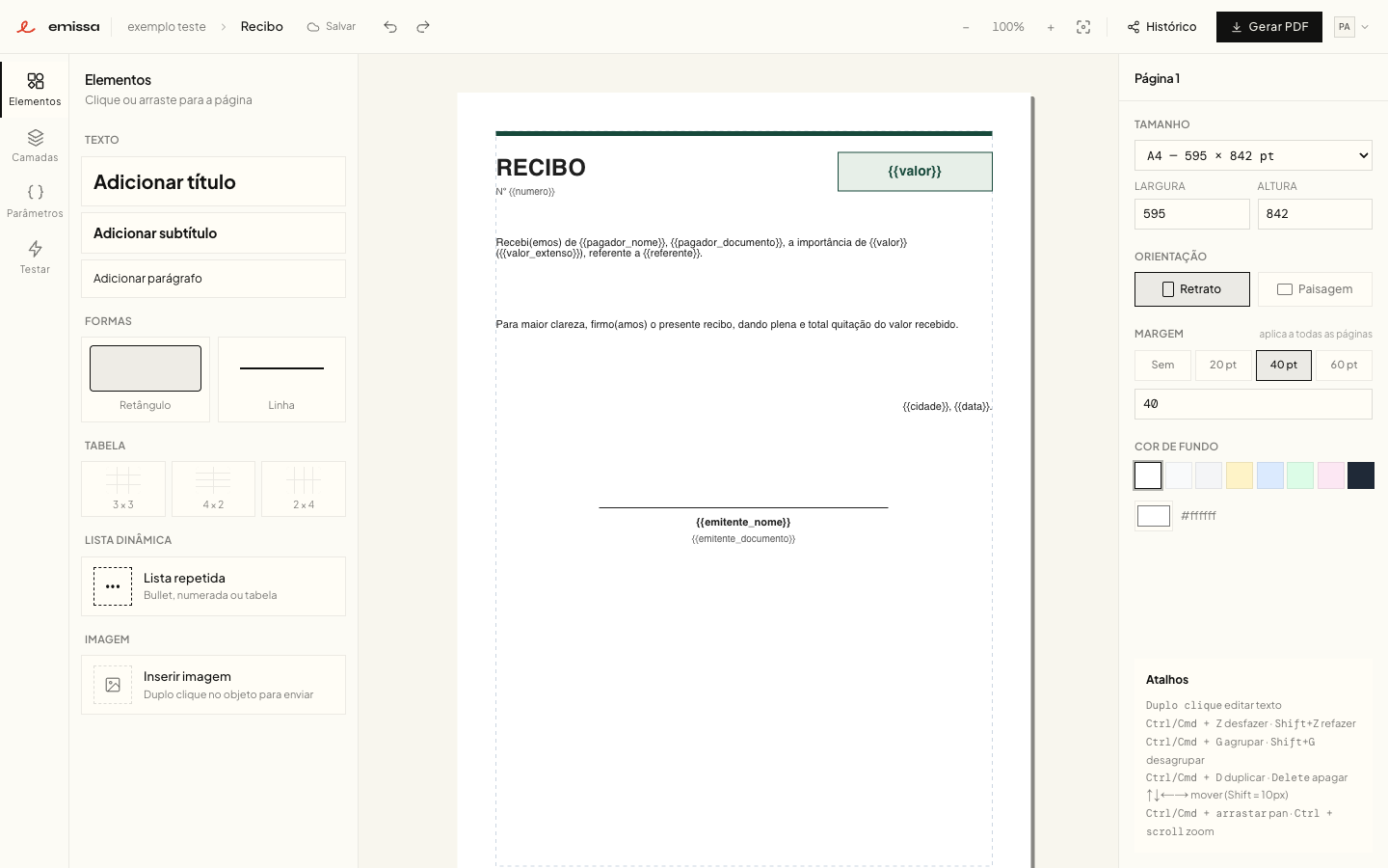 Editor visual da Emissa com o molde de recibo e os campos parametrizados