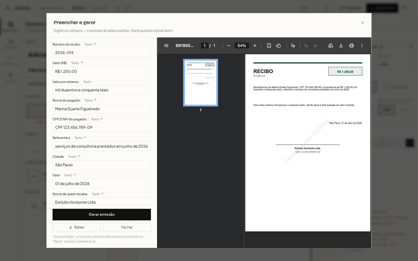 Fluxo Preencher e gerar da Emissa com preview do PDF ao vivo